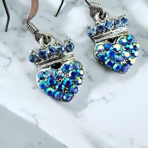 Blue AB Rhinestone Crown Heart Drop Earrings Royalcore Aurora Borealis Pave